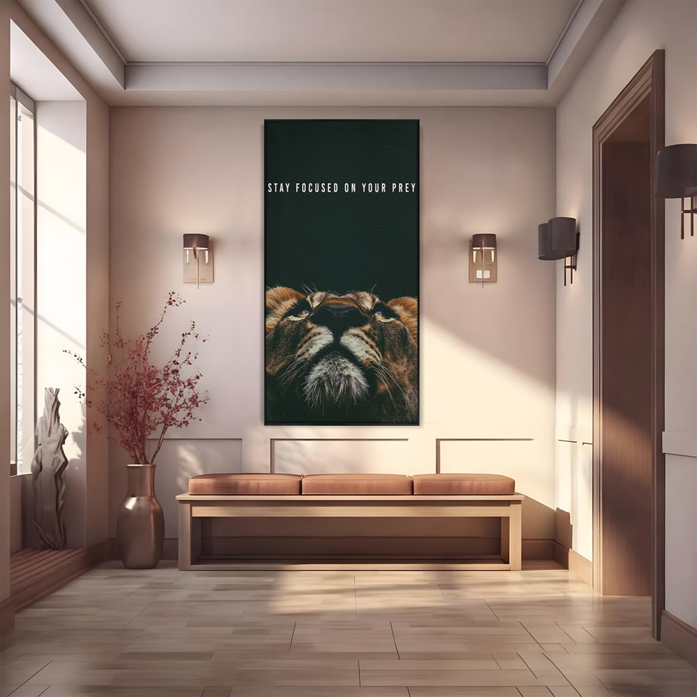 Tablou Canvas Premium LuxCanva® B1035, Stay Focused On Your Prey , Decorativ, Concentrare, Putere, Leu, Motivational, Culori Vibrante