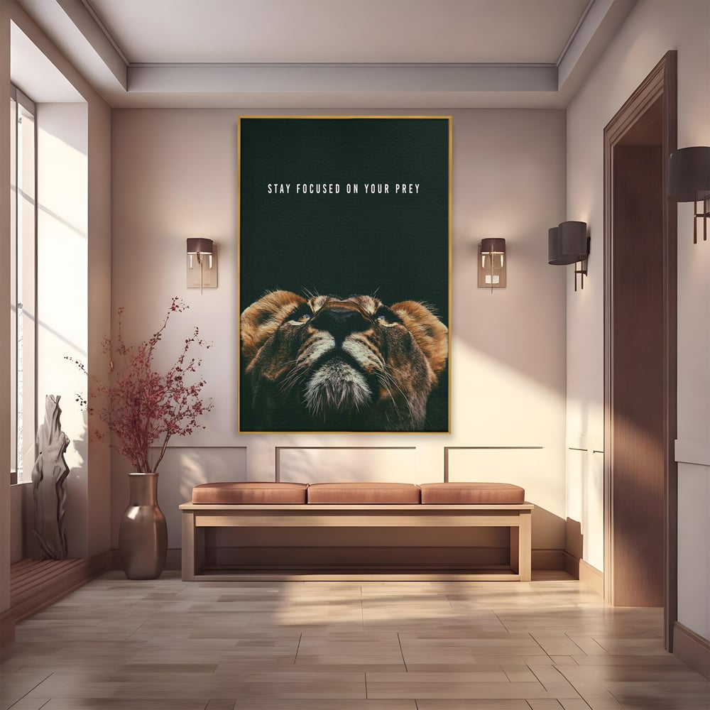 Tablou Canvas Premium LuxCanva® B1035, Stay Focused On Your Prey , Decorativ, Concentrare, Putere, Leu, Motivational, Culori Vibrante