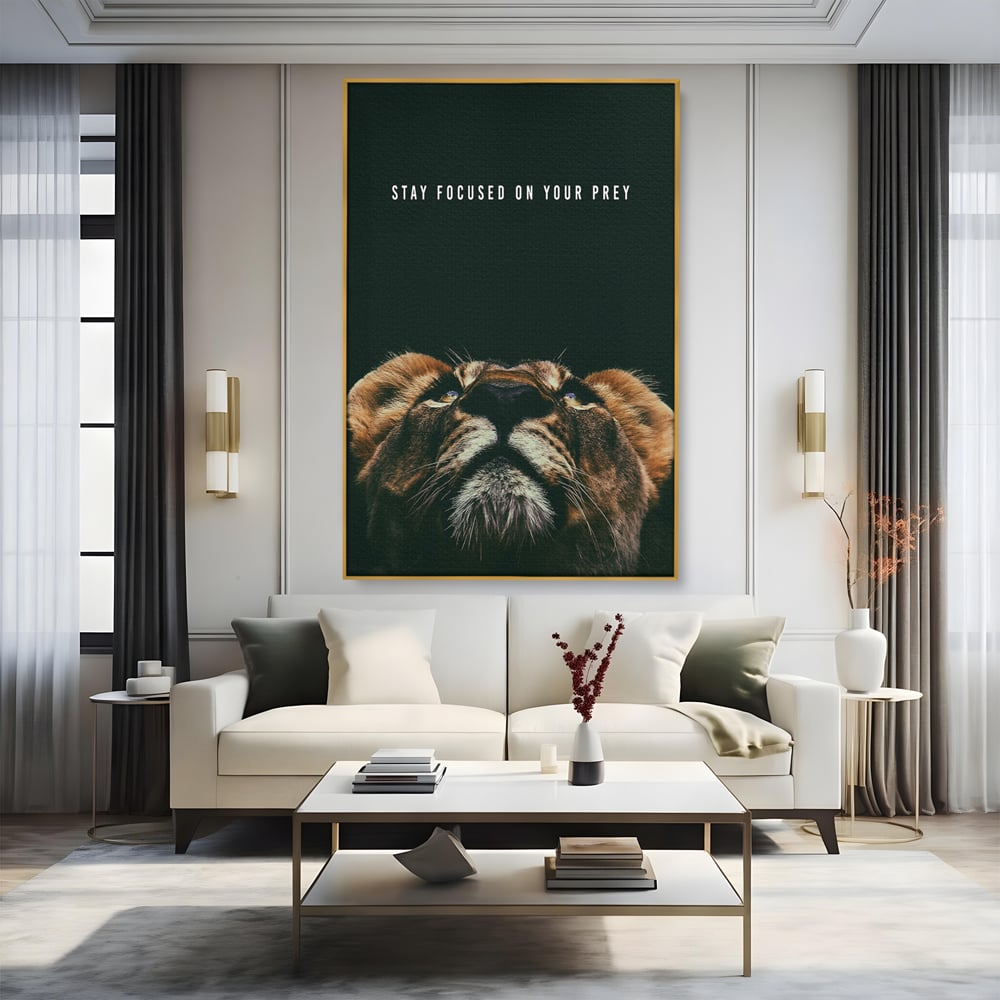 Tablou Canvas Premium LuxCanva® B1035, Stay Focused On Your Prey , Decorativ, Concentrare, Putere, Leu, Motivational, Culori Vibrante