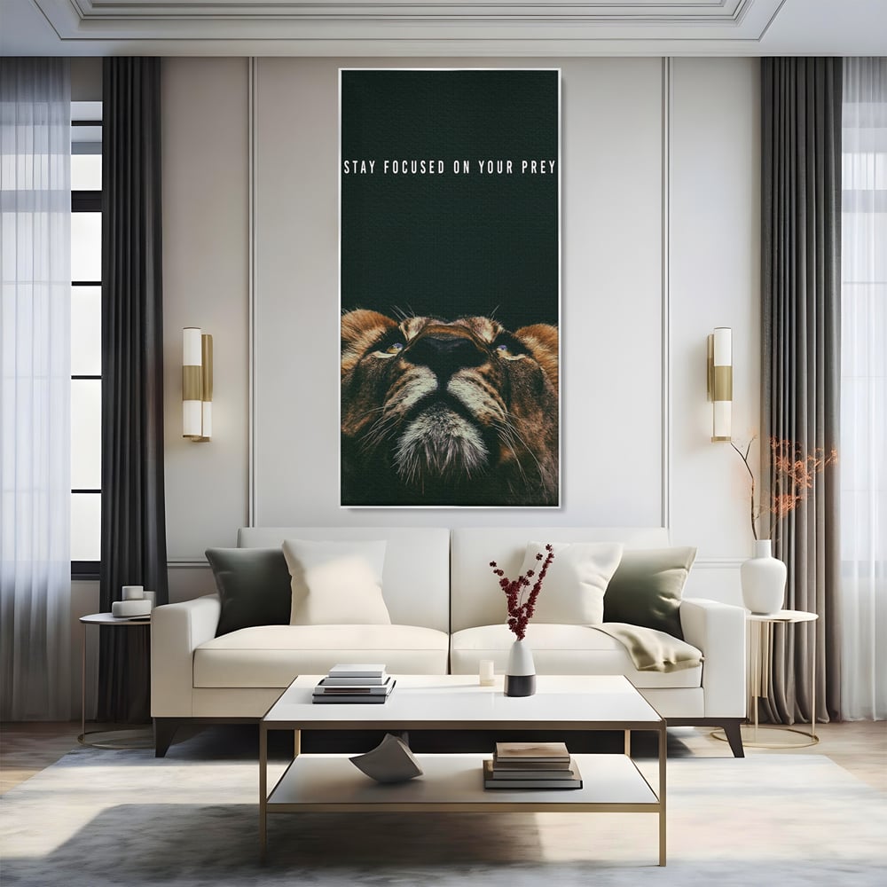 Tablou Canvas Premium LuxCanva® B1035, Stay Focused On Your Prey , Decorativ, Concentrare, Putere, Leu, Motivational, Culori Vibrante