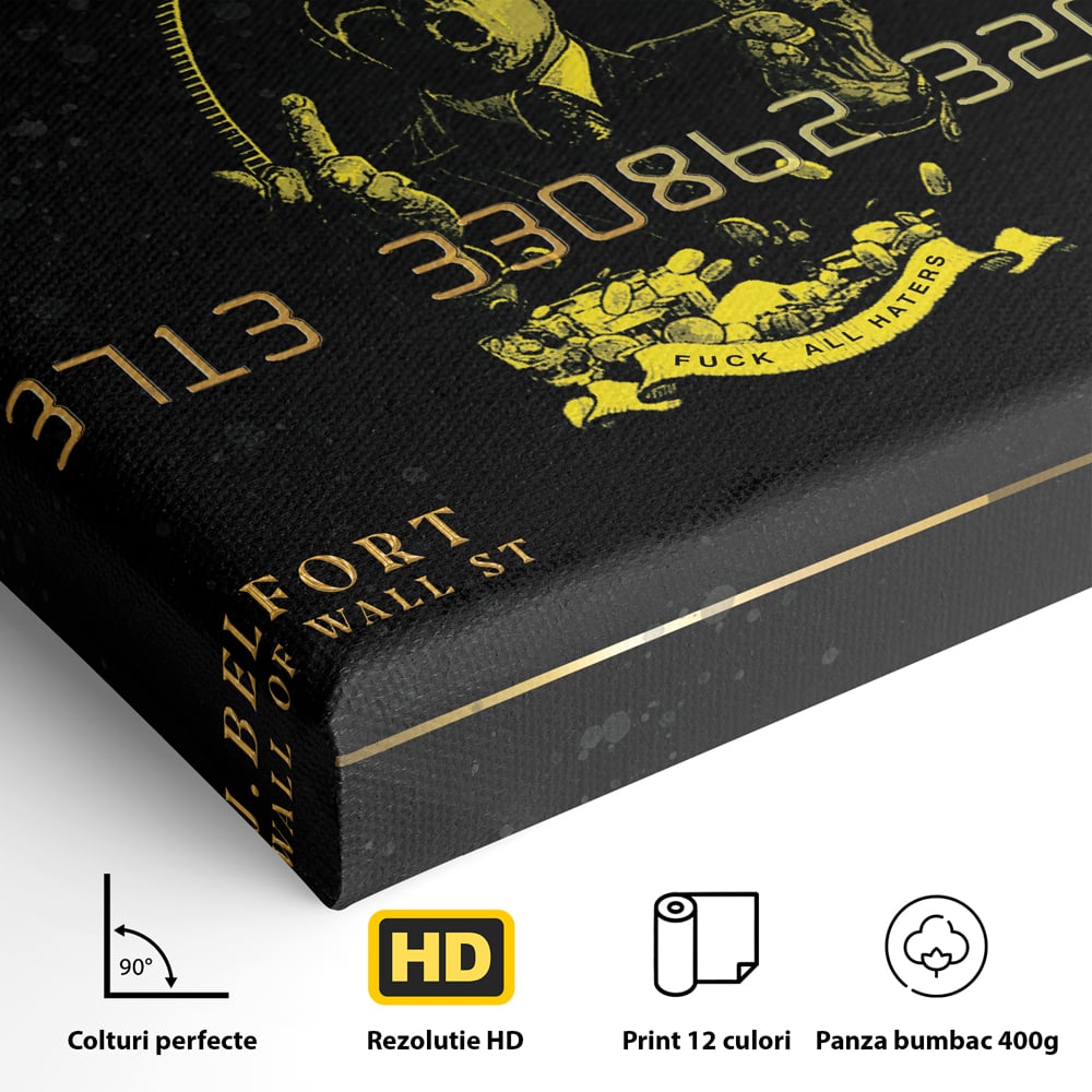 Tablou Canvas Premium LuxCanva® B1039, Hustle Edition , Decorativ, DiCaprio, Money, Wall Street, Auriu