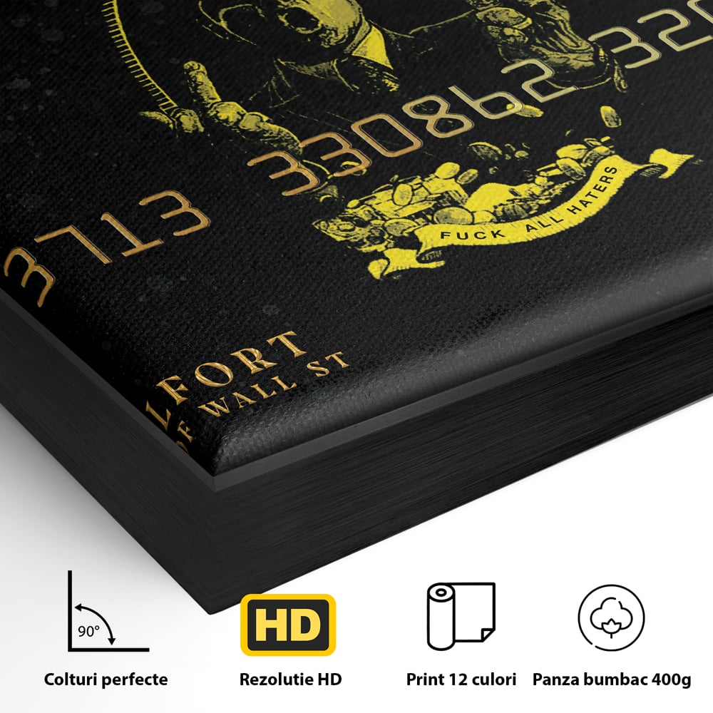 Tablou Canvas Premium LuxCanva® B1039, Hustle Edition , Decorativ, DiCaprio, Money, Wall Street, Auriu