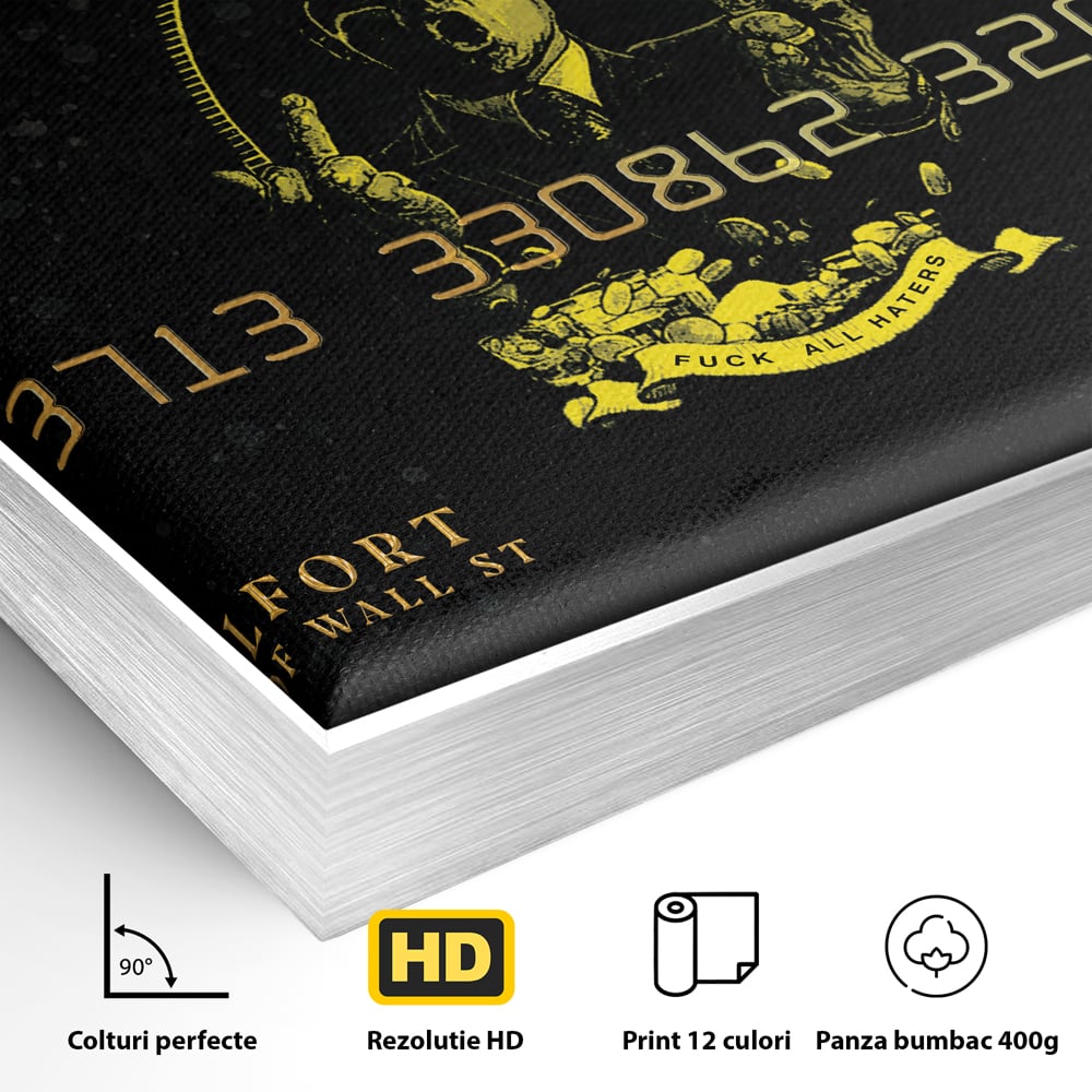 Tablou Canvas Premium LuxCanva® B1039, Hustle Edition , Decorativ, DiCaprio, Money, Wall Street, Auriu