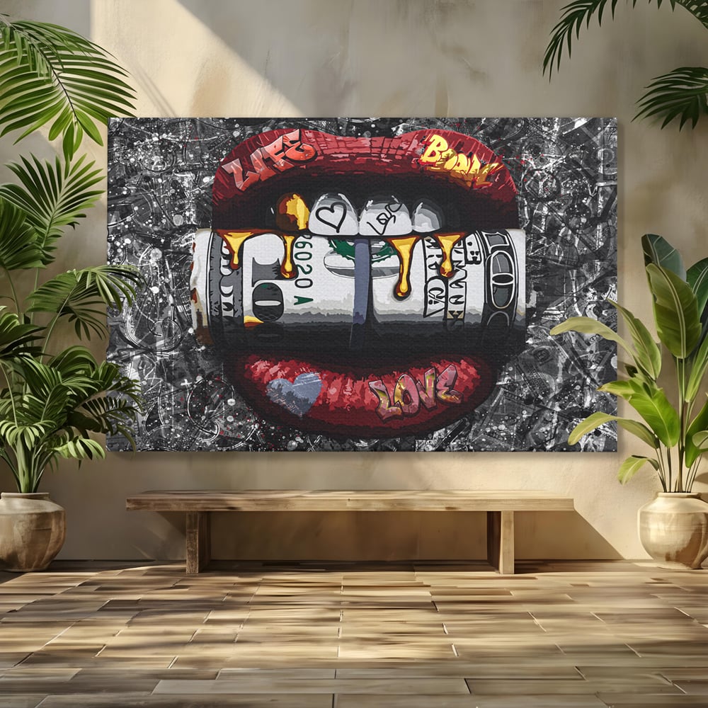 Tablou Canvas Premium LuxCanva® B1047, Red Lips , Dormitor, Living, Dolari, Rosu, Buze, Senzualitate, Multicolor, Culori Vibrante