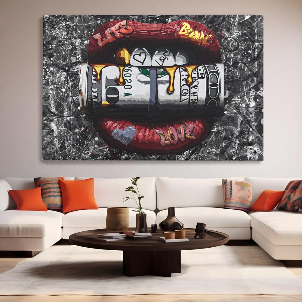 Tablou Canvas Premium LuxCanva® B1047, Red Lips , Dormitor, Living, Dolari, Rosu, Buze, Senzualitate, Multicolor, Culori Vibrante
