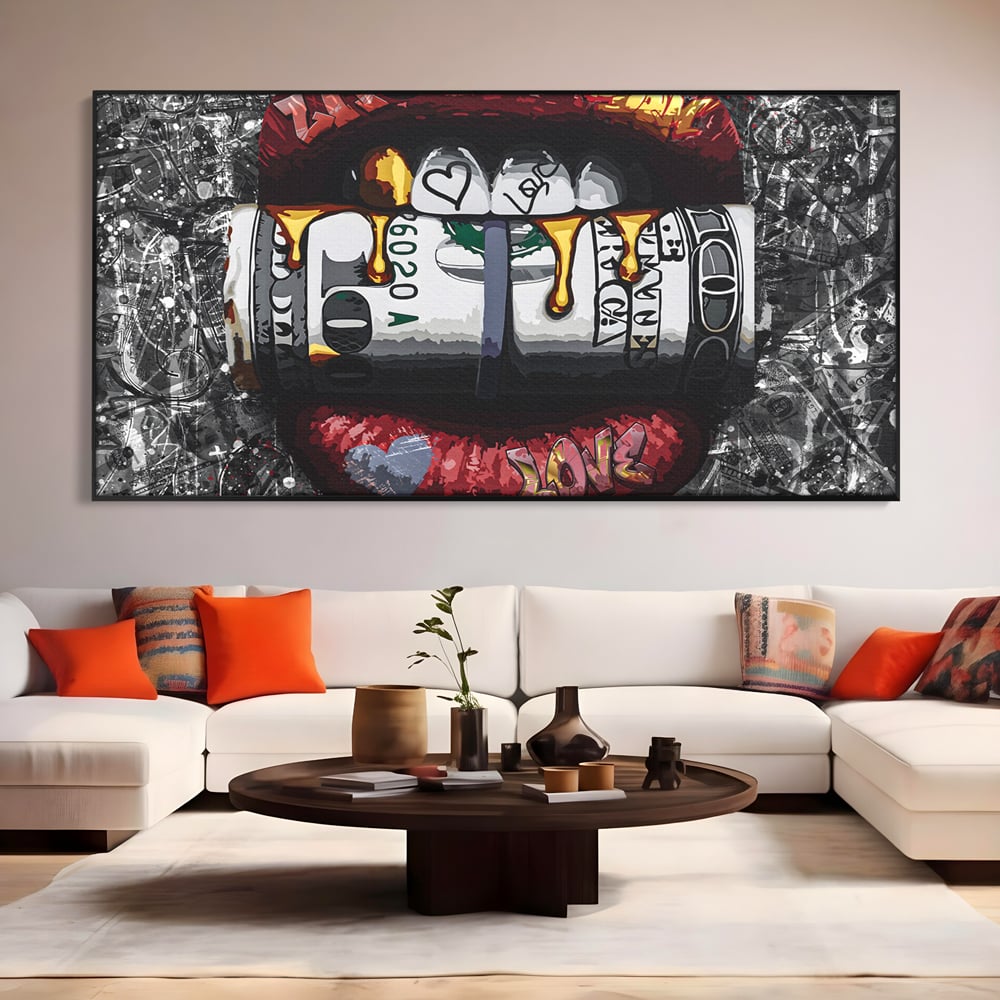 Tablou Canvas Premium LuxCanva® B1047, Red Lips , Dormitor, Living, Dolari, Rosu, Buze, Senzualitate, Multicolor, Culori Vibrante