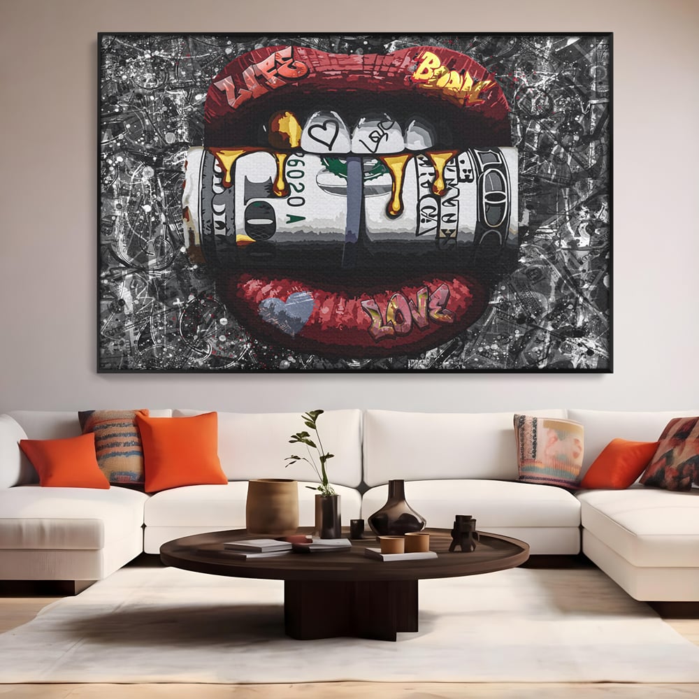 Tablou Canvas Premium LuxCanva® B1047, Red Lips , Dormitor, Living, Dolari, Rosu, Buze, Senzualitate, Multicolor, Culori Vibrante