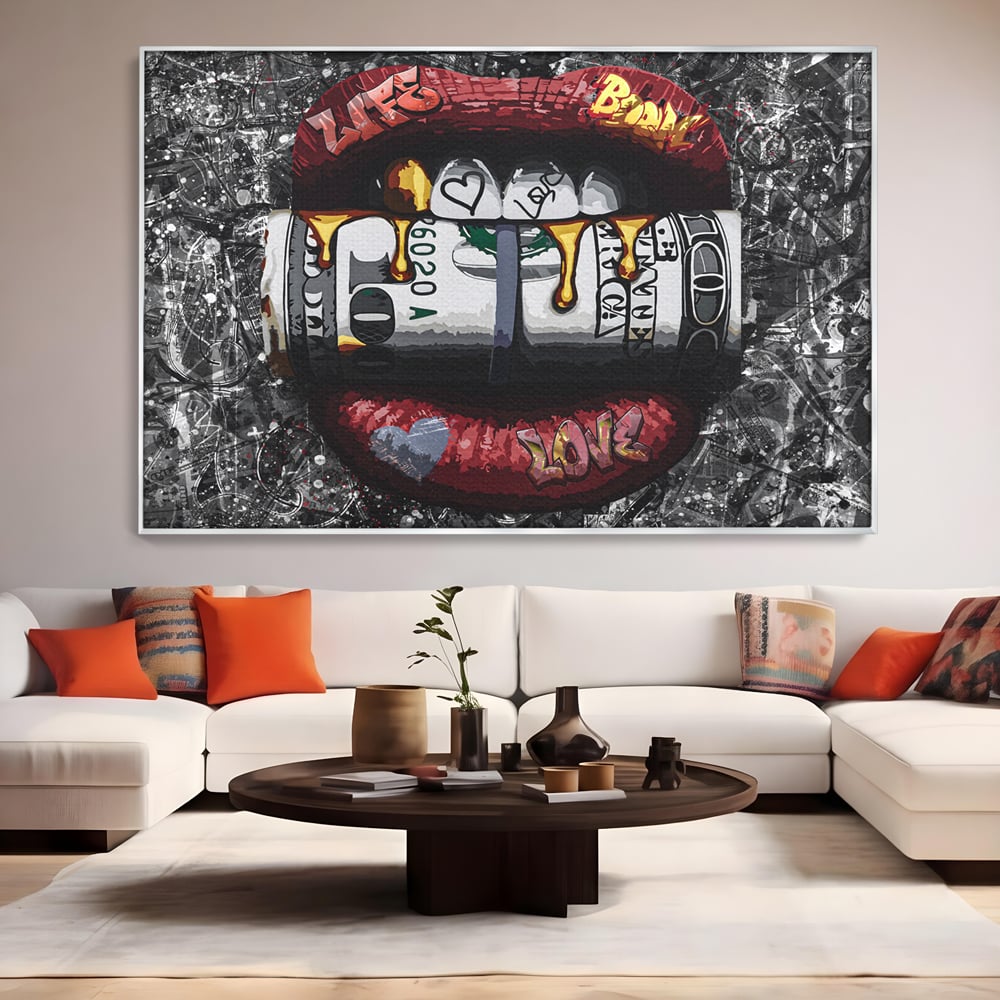 Tablou Canvas Premium LuxCanva® B1047, Red Lips , Dormitor, Living, Dolari, Rosu, Buze, Senzualitate, Multicolor, Culori Vibrante