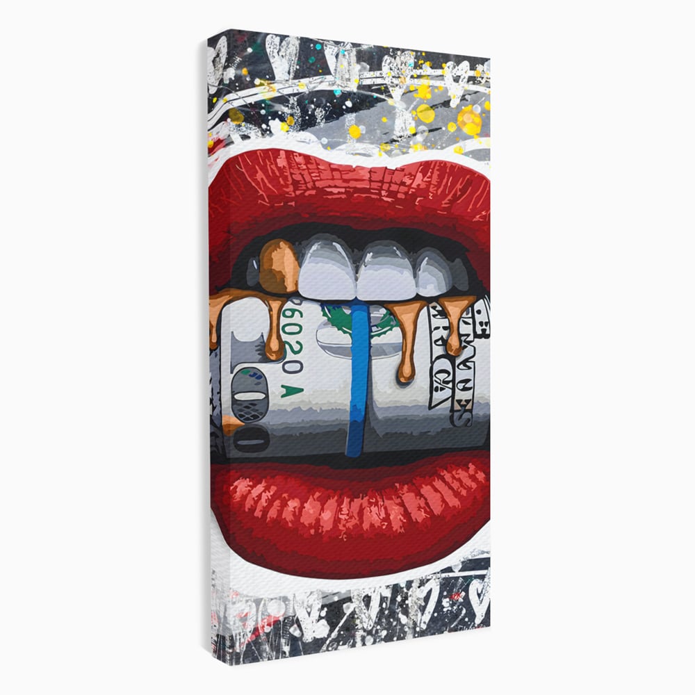 Tablou Canvas Premium LuxCanva® B1049, Dollar Lips , Living, Bani, Financiar, Buze, Rosu, Colorat, Culori Vibrante