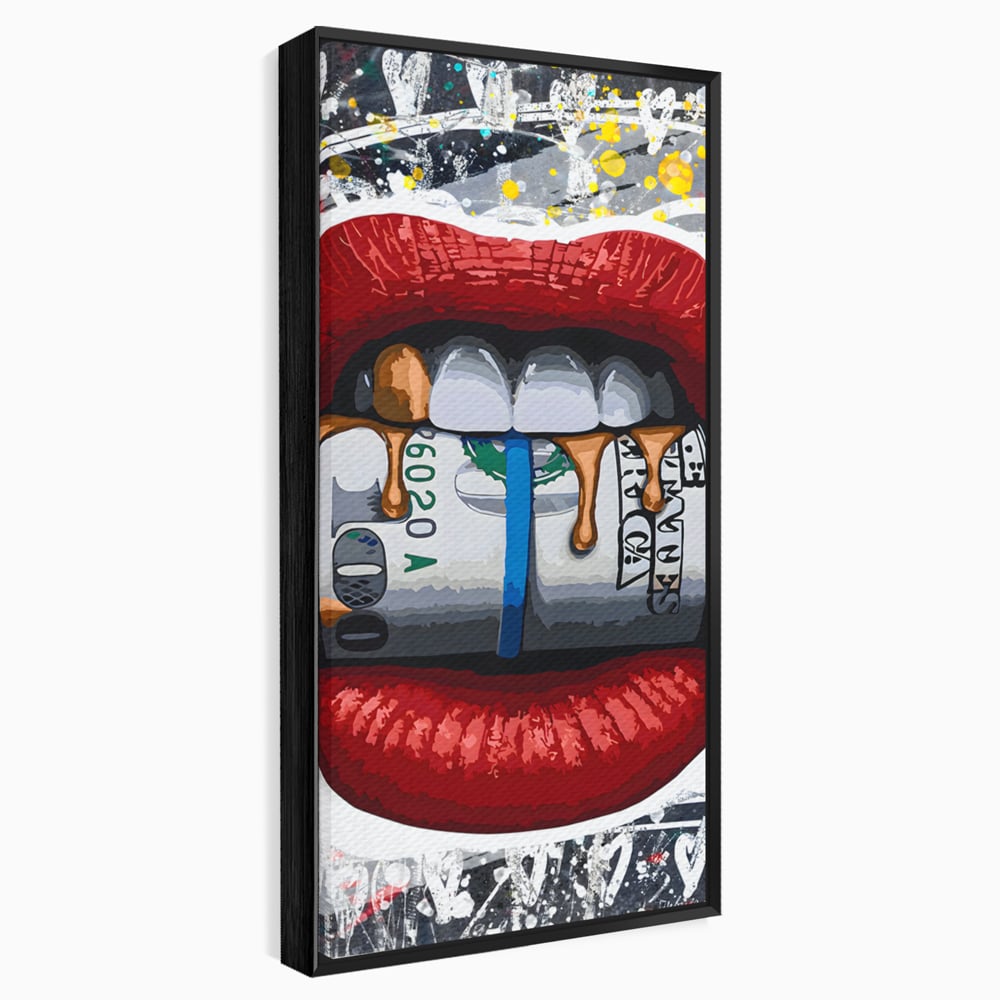 Tablou Canvas Premium LuxCanva® B1049, Dollar Lips , Living, Bani, Financiar, Buze, Rosu, Colorat, Culori Vibrante