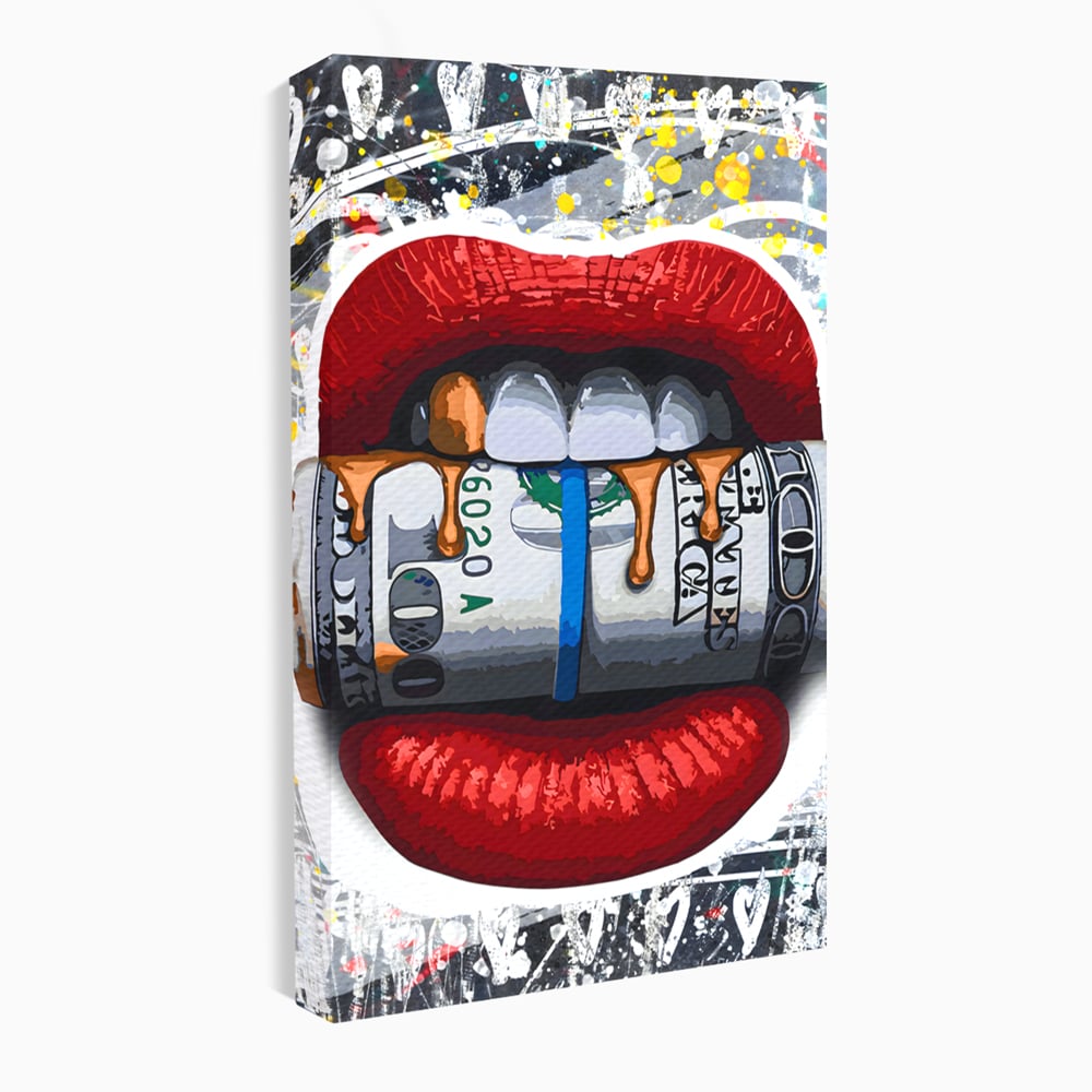 Tablou Canvas Premium LuxCanva® B1049, Dollar Lips , Living, Bani, Financiar, Buze, Rosu, Colorat, Culori Vibrante