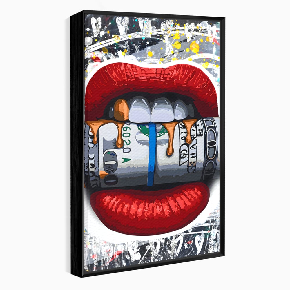 Tablou Canvas Premium LuxCanva® B1049, Dollar Lips , Living, Bani, Financiar, Buze, Rosu, Colorat, Culori Vibrante