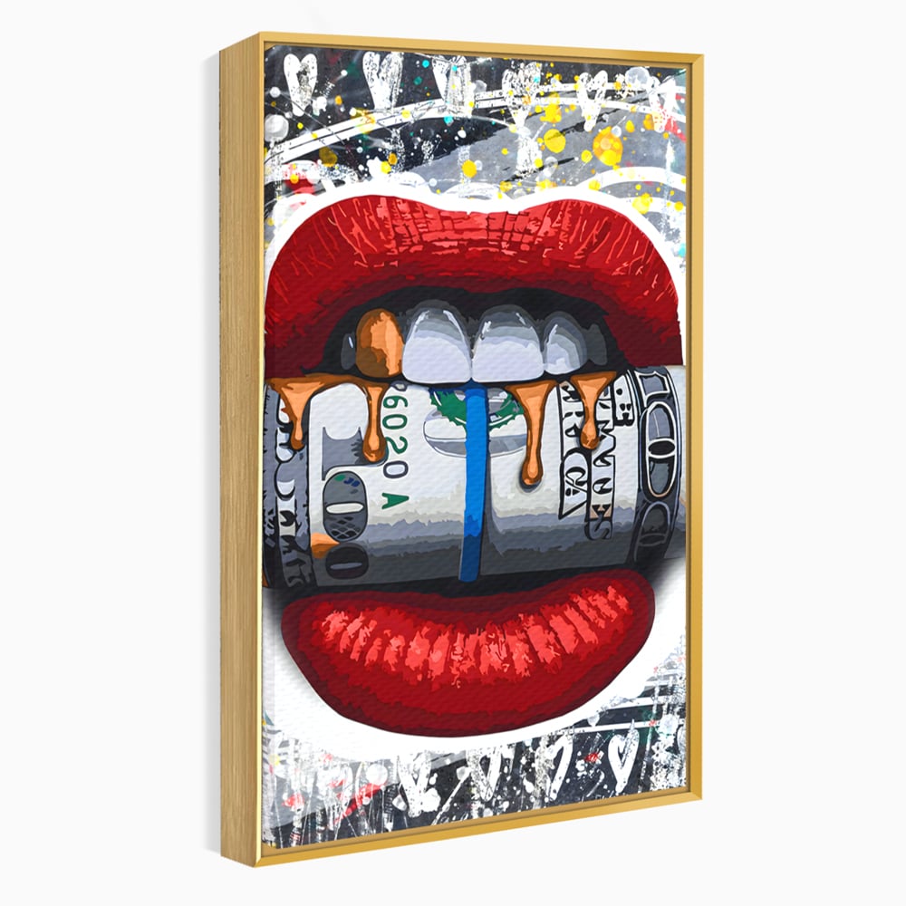Tablou Canvas Premium LuxCanva® B1049, Dollar Lips , Living, Bani, Financiar, Buze, Rosu, Colorat, Culori Vibrante