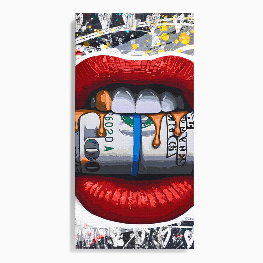 Tablou Canvas Premium LuxCanva® B1049, Dollar Lips , Living, Bani, Financiar, Buze, Rosu, Colorat, Culori Vibrante