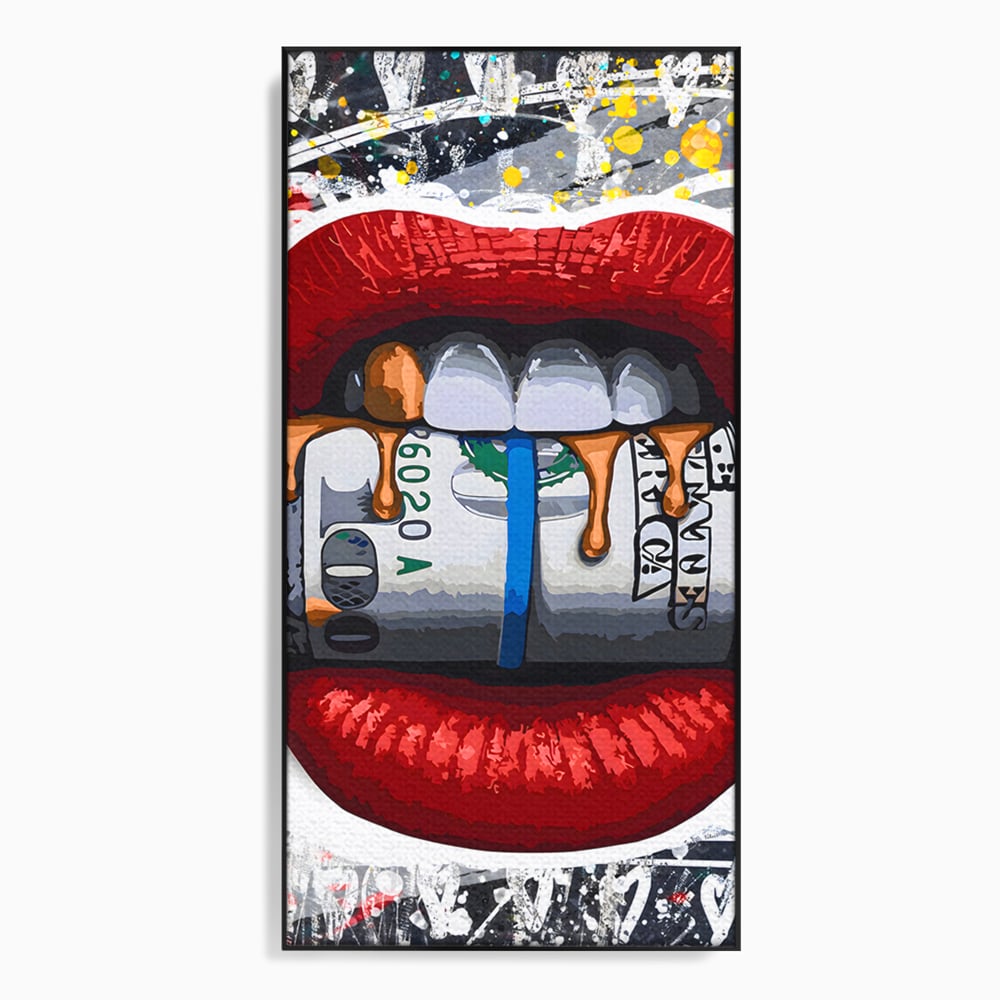 Tablou Canvas Premium LuxCanva® B1049, Dollar Lips , Living, Bani, Financiar, Buze, Rosu, Colorat, Culori Vibrante