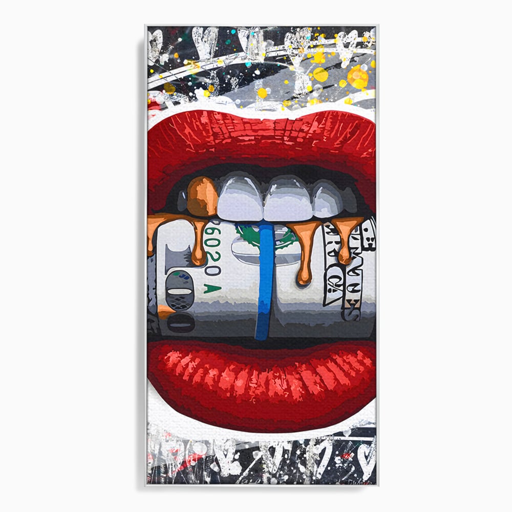 Tablou Canvas Premium LuxCanva® B1049, Dollar Lips , Living, Bani, Financiar, Buze, Rosu, Colorat, Culori Vibrante