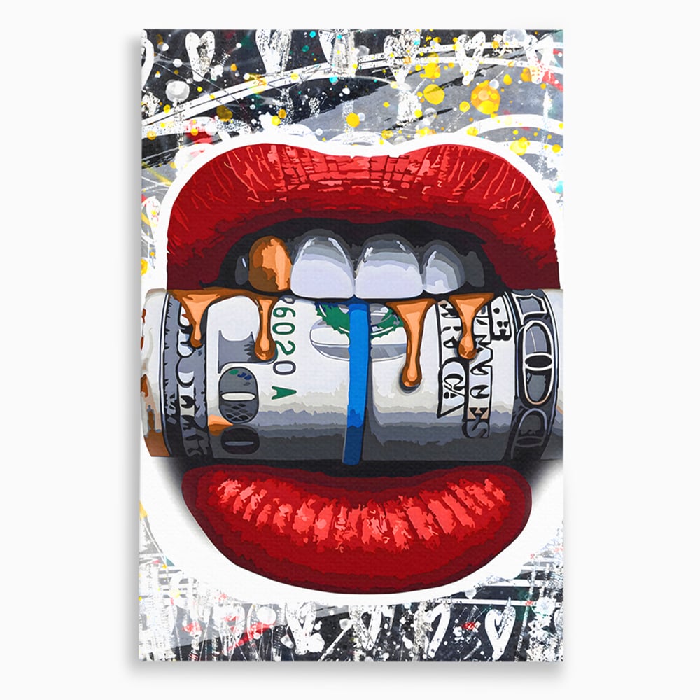 Tablou Canvas Premium LuxCanva® B1049, Dollar Lips , Living, Bani, Financiar, Buze, Rosu, Colorat, Culori Vibrante