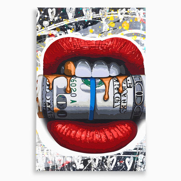 Tablou Canvas Premium LuxCanva® B1049, Dollar Lips , Living, Bani, Financiar, Buze, Rosu, Colorat, Culori Vibrante