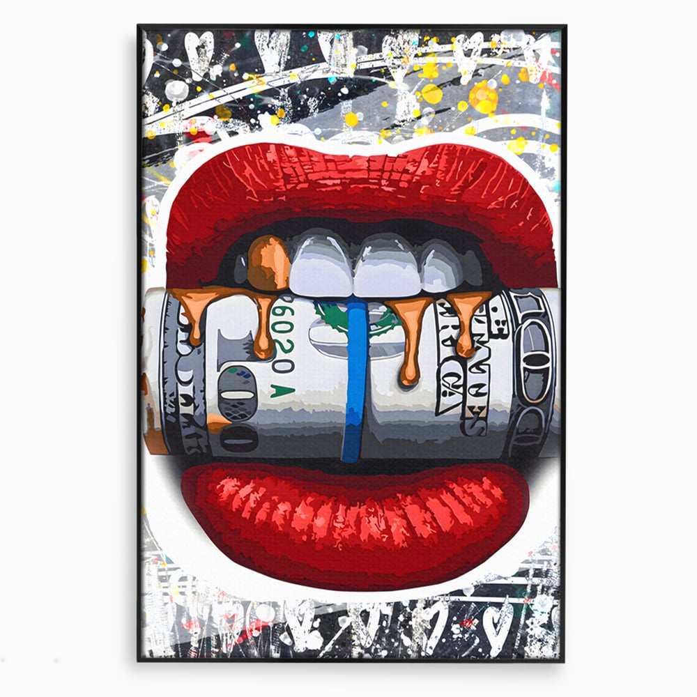 Tablou Canvas Premium LuxCanva® B1049, Dollar Lips , Living, Bani, Financiar, Buze, Rosu, Colorat, Culori Vibrante
