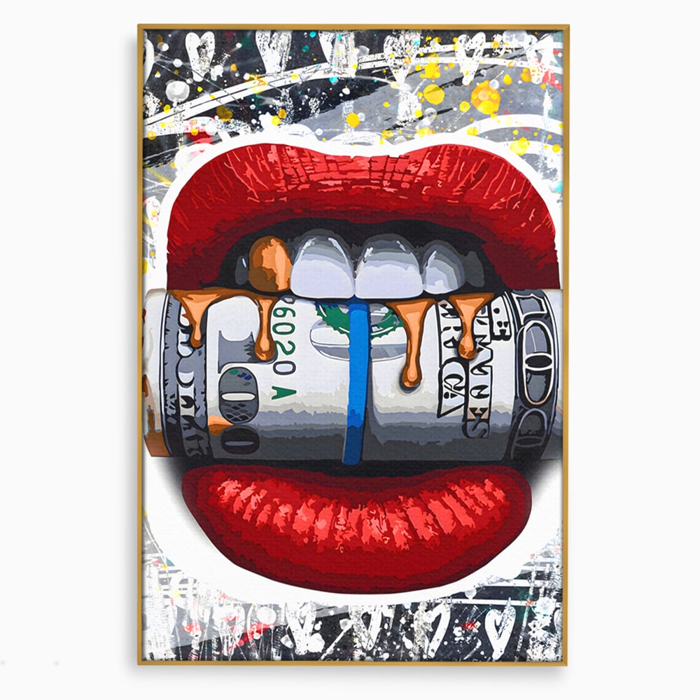 Tablou Canvas Premium LuxCanva® B1049, Dollar Lips , Living, Bani, Financiar, Buze, Rosu, Colorat, Culori Vibrante