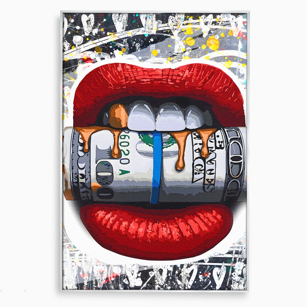 Tablou Canvas Premium LuxCanva® B1049, Dollar Lips , Living, Bani, Financiar, Buze, Rosu, Colorat, Culori Vibrante