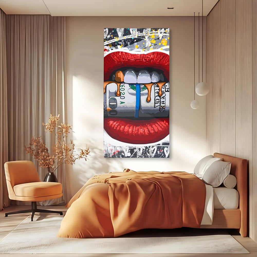 Tablou Canvas Premium LuxCanva® B1049, Dollar Lips , Living, Bani, Financiar, Buze, Rosu, Colorat, Culori Vibrante