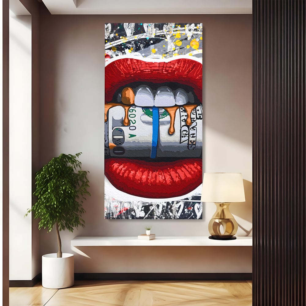 Tablou Canvas Premium LuxCanva® B1049, Dollar Lips , Living, Bani, Financiar, Buze, Rosu, Colorat, Culori Vibrante