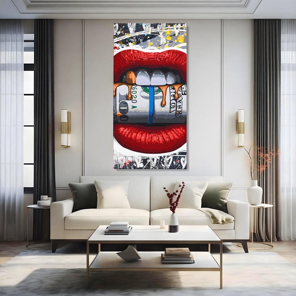 Tablou Canvas Premium LuxCanva® B1049, Dollar Lips , Living, Bani, Financiar, Buze, Rosu, Colorat, Culori Vibrante