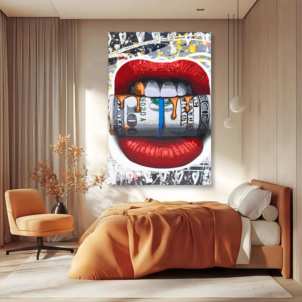 Tablou Canvas Premium LuxCanva® B1049, Dollar Lips , Living, Bani, Financiar, Buze, Rosu, Colorat, Culori Vibrante