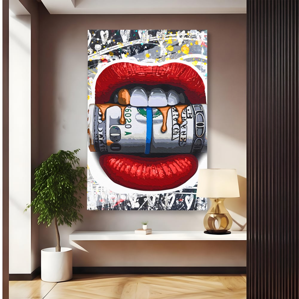 Tablou Canvas Premium LuxCanva® B1049, Dollar Lips , Living, Bani, Financiar, Buze, Rosu, Colorat, Culori Vibrante