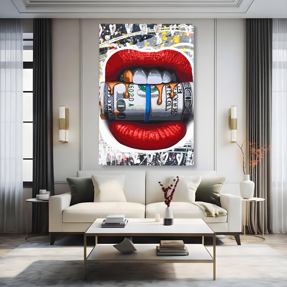 Tablou Canvas Premium LuxCanva® B1049, Dollar Lips , Living, Bani, Financiar, Buze, Rosu, Colorat, Culori Vibrante