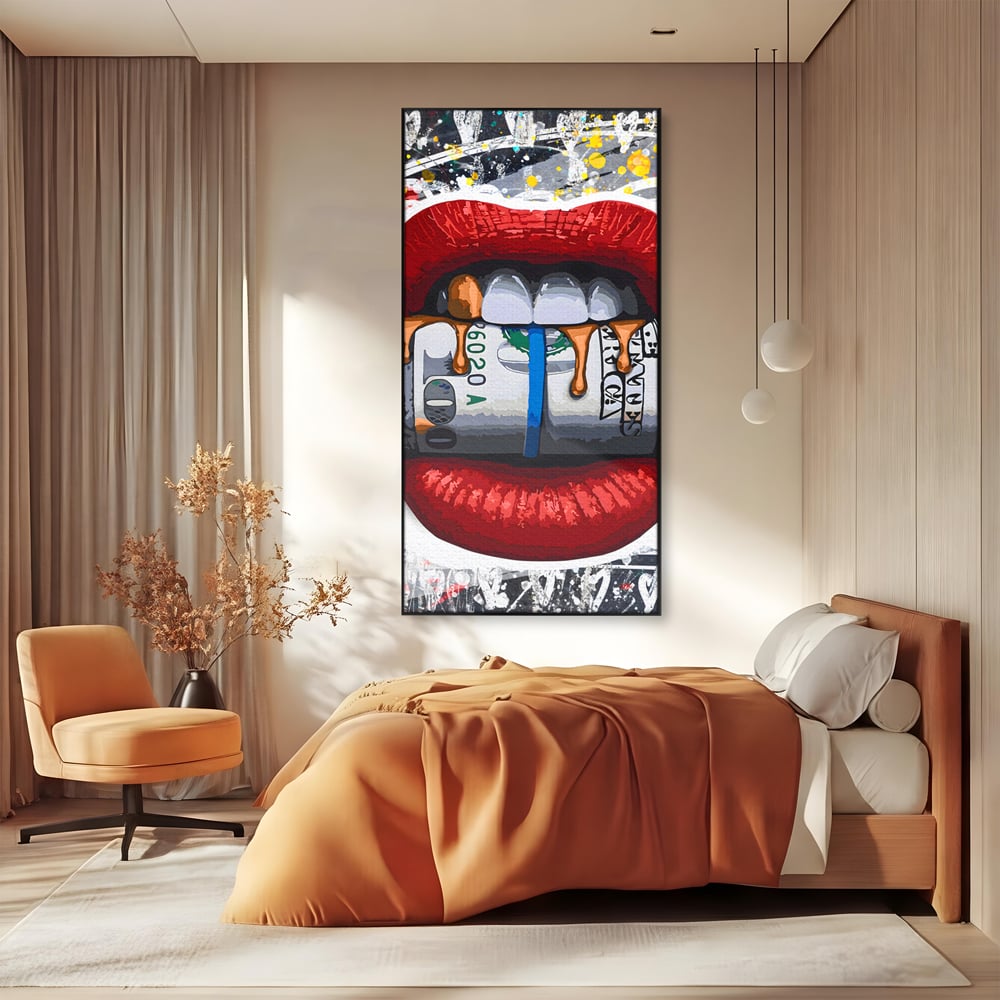 Tablou Canvas Premium LuxCanva® B1049, Dollar Lips , Living, Bani, Financiar, Buze, Rosu, Colorat, Culori Vibrante