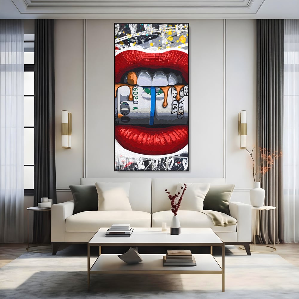 Tablou Canvas Premium LuxCanva® B1049, Dollar Lips , Living, Bani, Financiar, Buze, Rosu, Colorat, Culori Vibrante