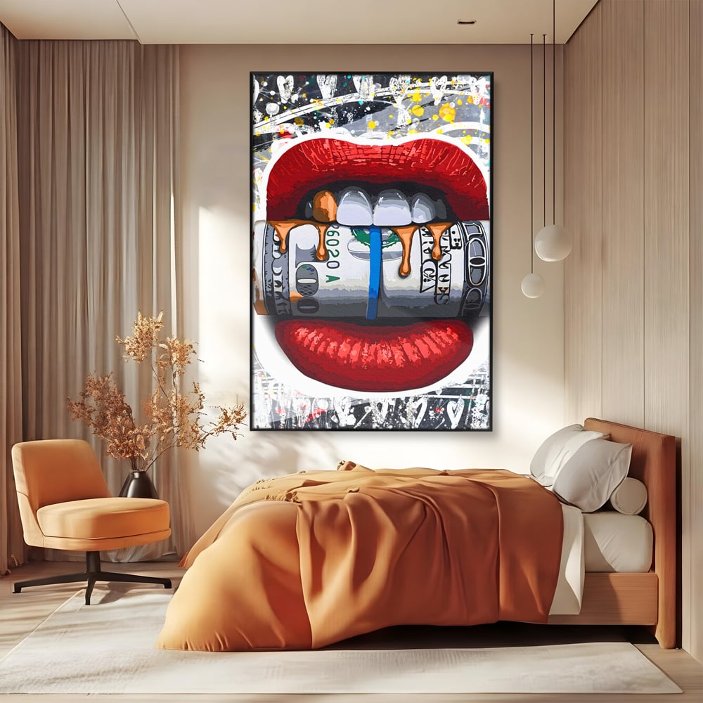 Tablou Canvas Premium LuxCanva® B1049, Dollar Lips , Living, Bani, Financiar, Buze, Rosu, Colorat, Culori Vibrante
