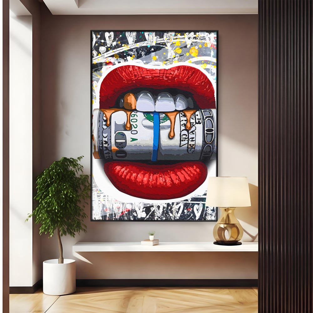 Tablou Canvas Premium LuxCanva® B1049, Dollar Lips , Living, Bani, Financiar, Buze, Rosu, Colorat, Culori Vibrante