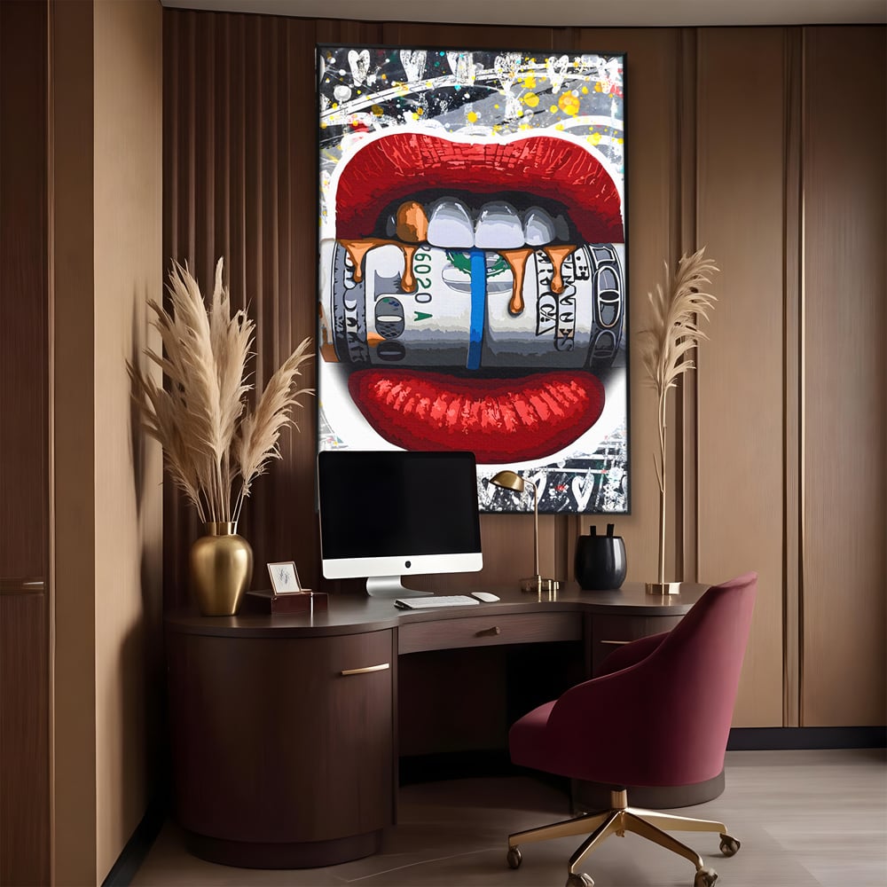Tablou Canvas Premium LuxCanva® B1049, Dollar Lips , Living, Bani, Financiar, Buze, Rosu, Colorat, Culori Vibrante