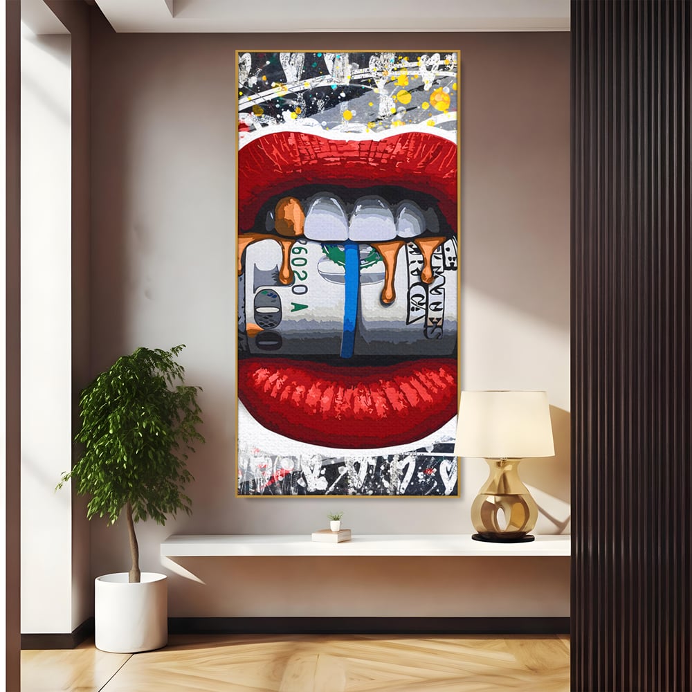 Tablou Canvas Premium LuxCanva® B1049, Dollar Lips , Living, Bani, Financiar, Buze, Rosu, Colorat, Culori Vibrante