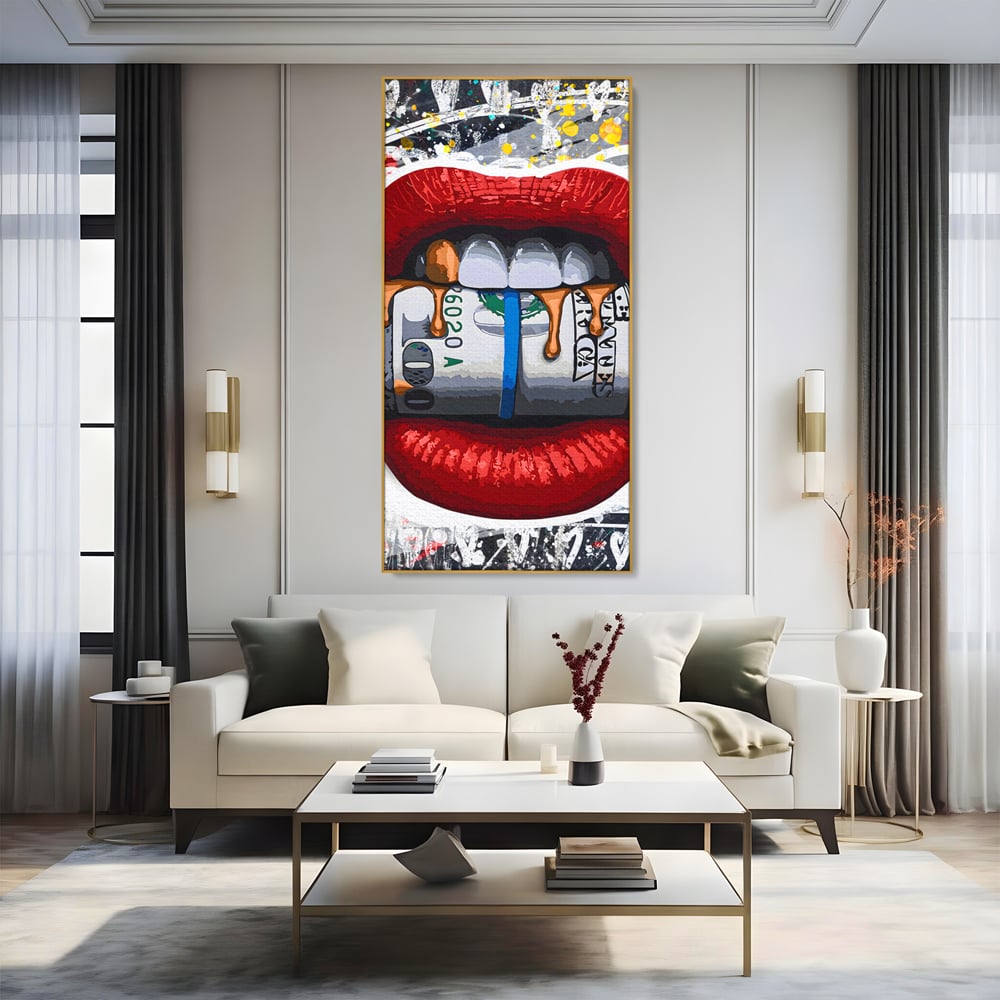 Tablou Canvas Premium LuxCanva® B1049, Dollar Lips , Living, Bani, Financiar, Buze, Rosu, Colorat, Culori Vibrante