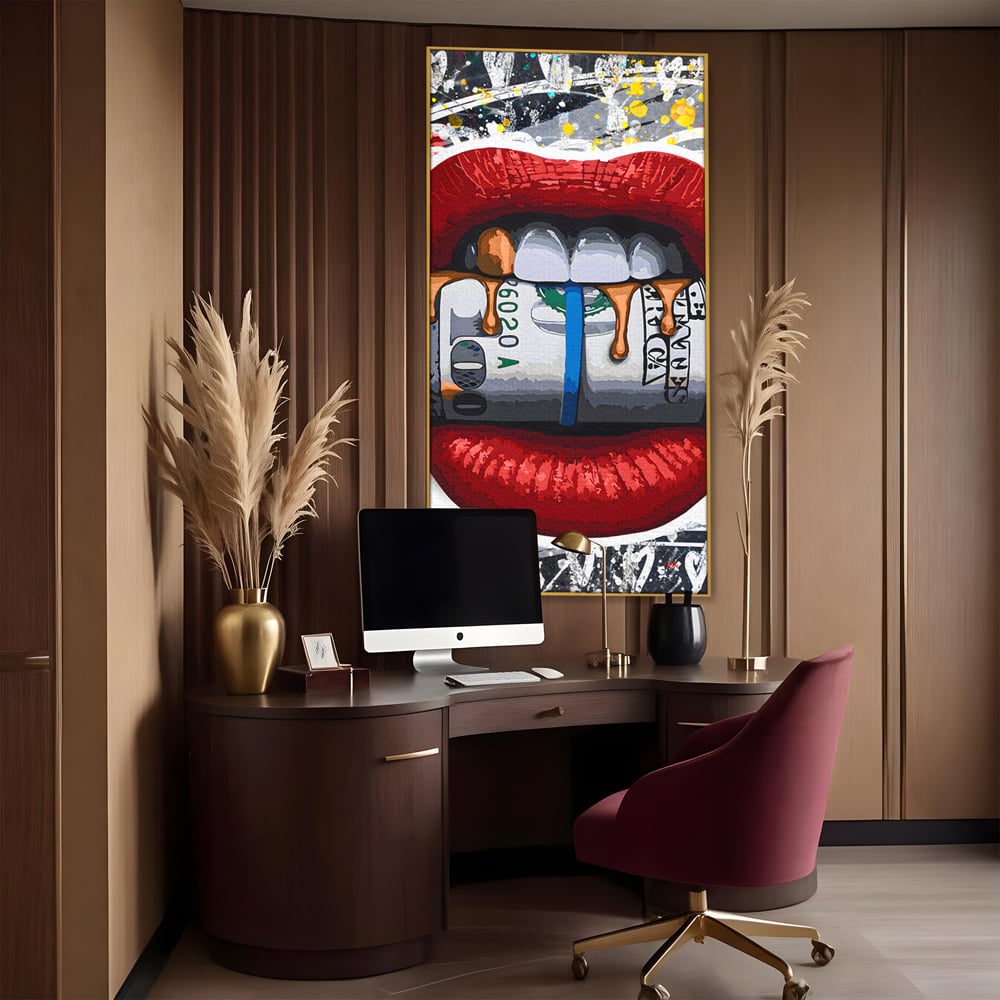 Tablou Canvas Premium LuxCanva® B1049, Dollar Lips , Living, Bani, Financiar, Buze, Rosu, Colorat, Culori Vibrante