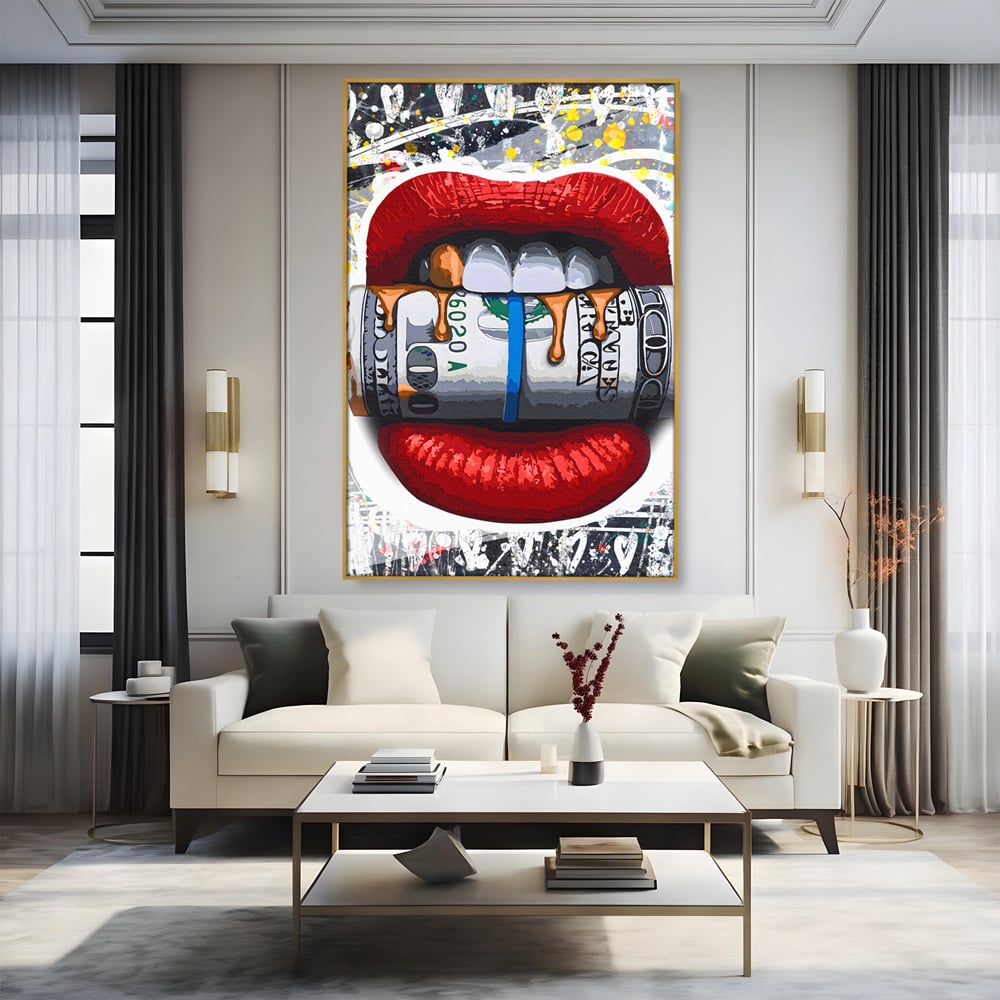 Tablou Canvas Premium LuxCanva® B1049, Dollar Lips , Living, Bani, Financiar, Buze, Rosu, Colorat, Culori Vibrante