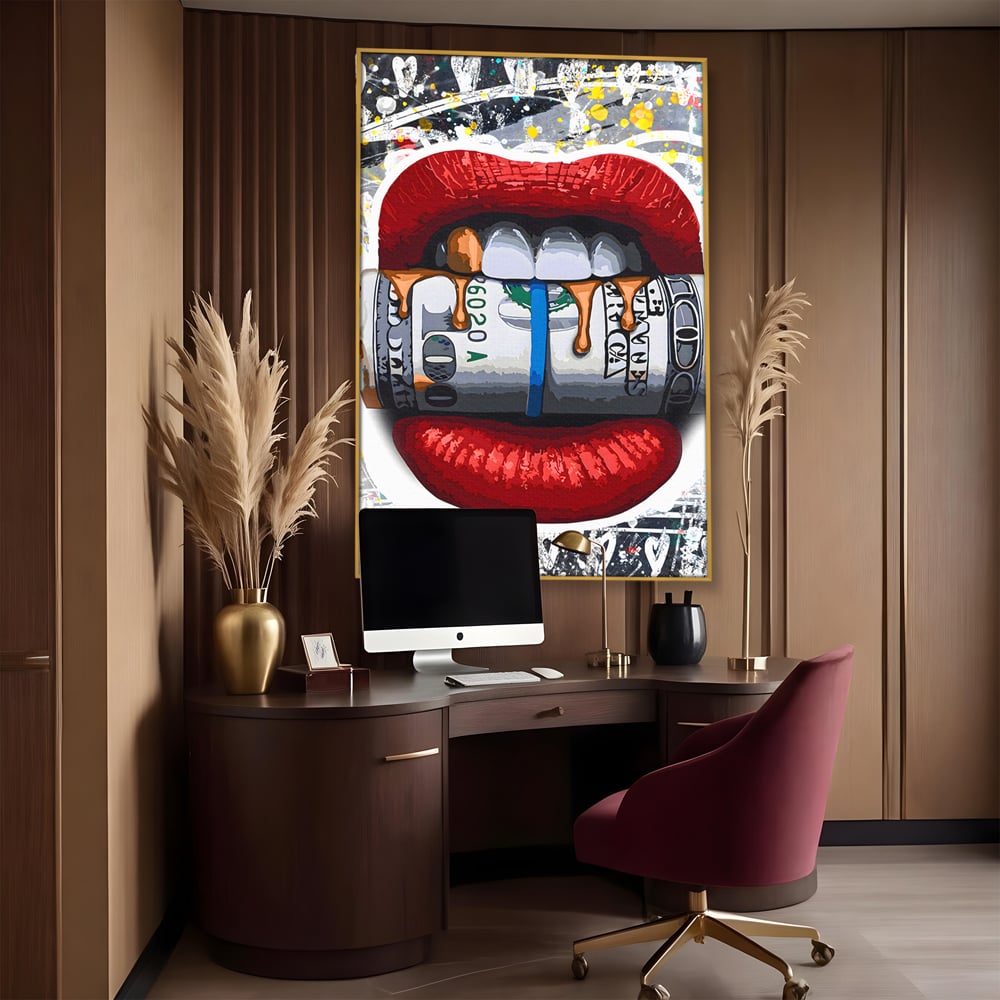 Tablou Canvas Premium LuxCanva® B1049, Dollar Lips , Living, Bani, Financiar, Buze, Rosu, Colorat, Culori Vibrante