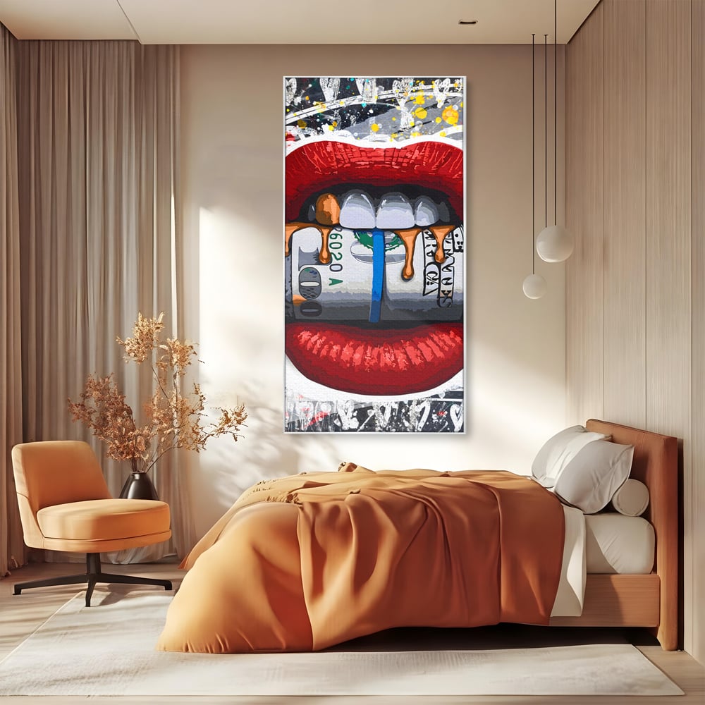 Tablou Canvas Premium LuxCanva® B1049, Dollar Lips , Living, Bani, Financiar, Buze, Rosu, Colorat, Culori Vibrante