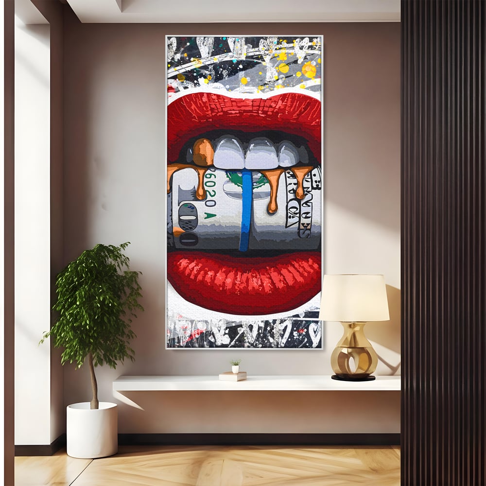 Tablou Canvas Premium LuxCanva® B1049, Dollar Lips , Living, Bani, Financiar, Buze, Rosu, Colorat, Culori Vibrante
