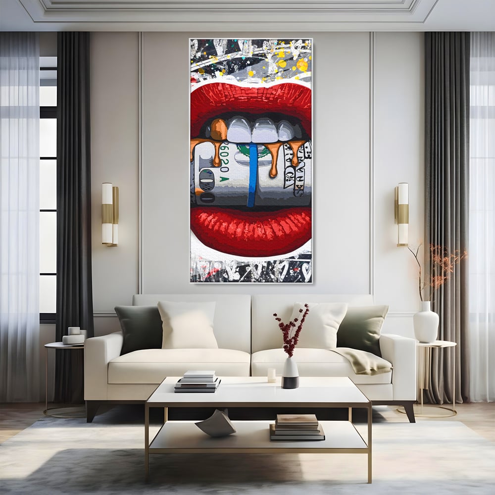 Tablou Canvas Premium LuxCanva® B1049, Dollar Lips , Living, Bani, Financiar, Buze, Rosu, Colorat, Culori Vibrante