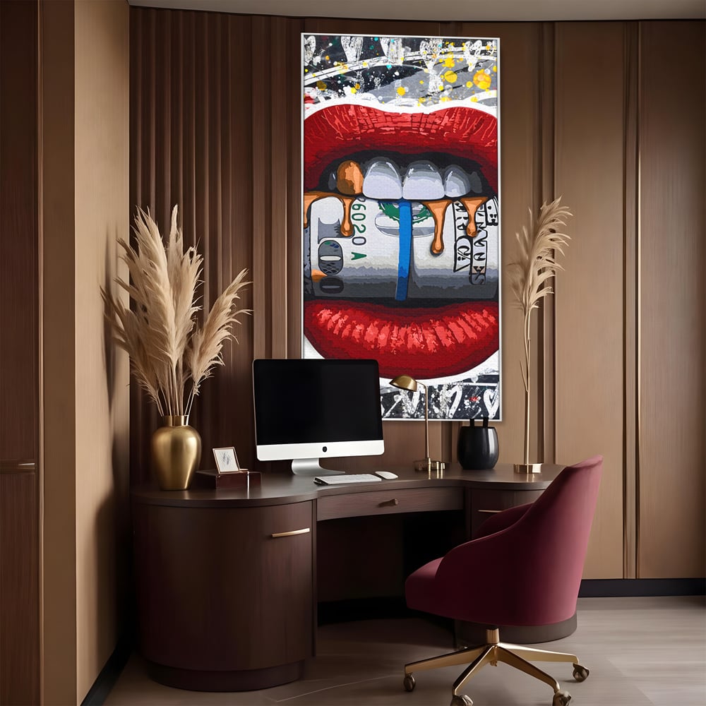 Tablou Canvas Premium LuxCanva® B1049, Dollar Lips , Living, Bani, Financiar, Buze, Rosu, Colorat, Culori Vibrante