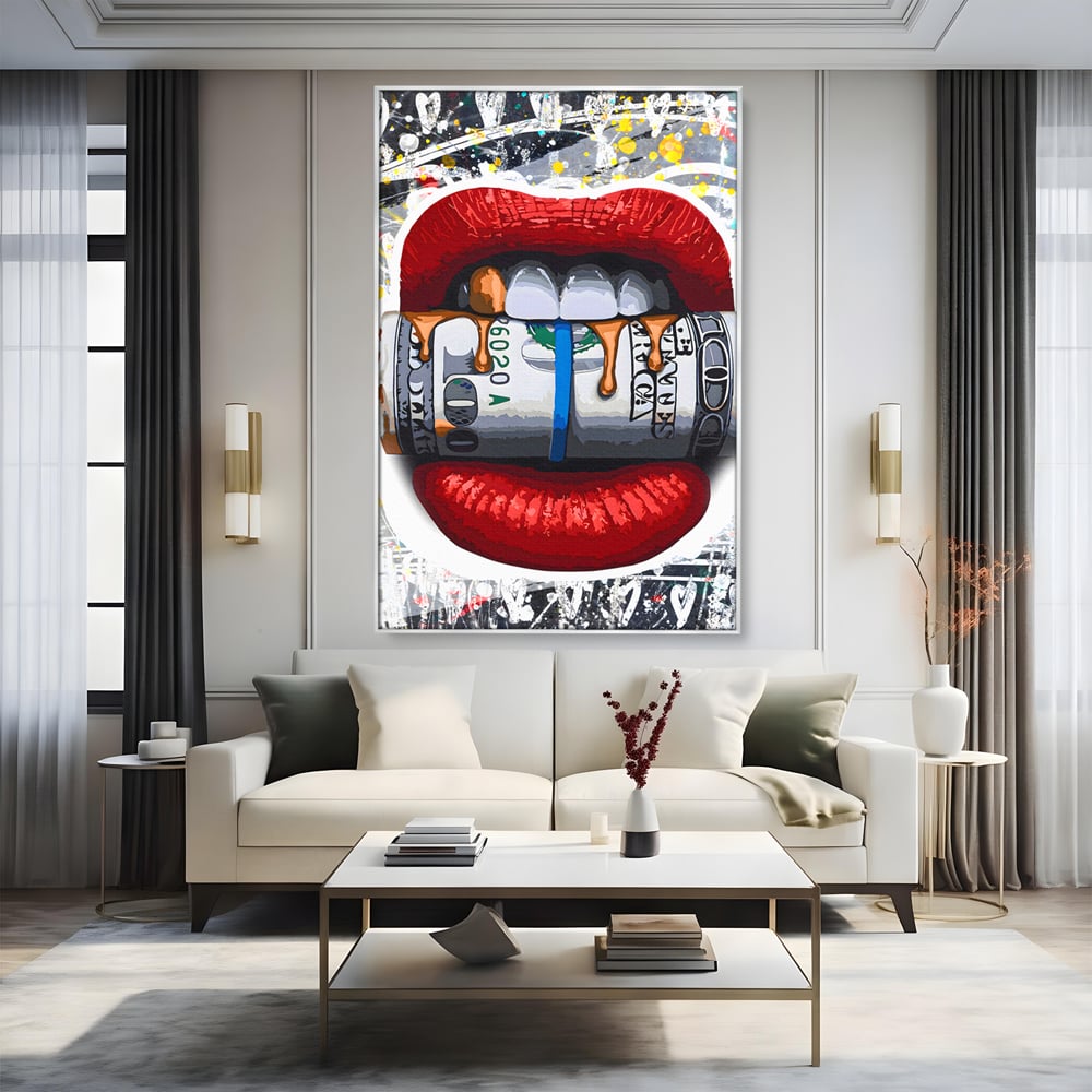 Tablou Canvas Premium LuxCanva® B1049, Dollar Lips , Living, Bani, Financiar, Buze, Rosu, Colorat, Culori Vibrante