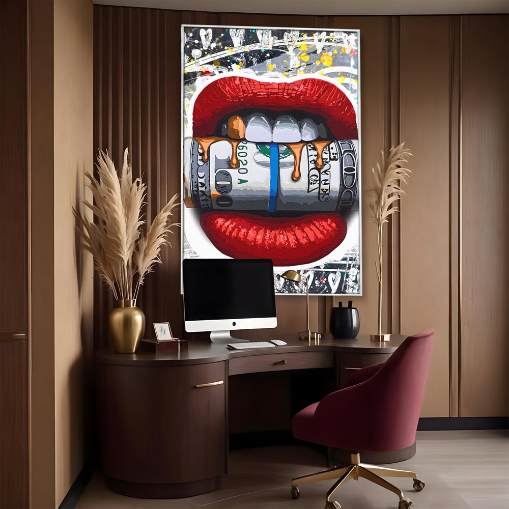 Tablou Canvas Premium LuxCanva® B1049, Dollar Lips , Living, Bani, Financiar, Buze, Rosu, Colorat, Culori Vibrante
