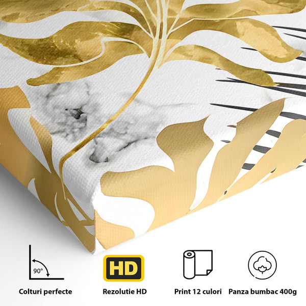Tablou Canvas Premium LuxCanva® B1061, Golden Black Lief Plants , Decorativ, Living, Plante, Dormitor, Frunze, Liniste, Negru si Auriu