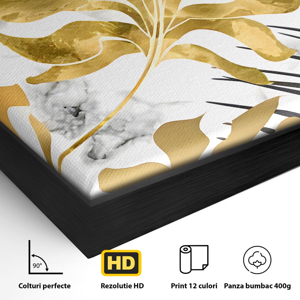 Tablou Canvas Premium LuxCanva® B1061, Golden Black Lief Plants , Decorativ, Living, Plante, Dormitor, Frunze, Liniste, Negru si Auriu