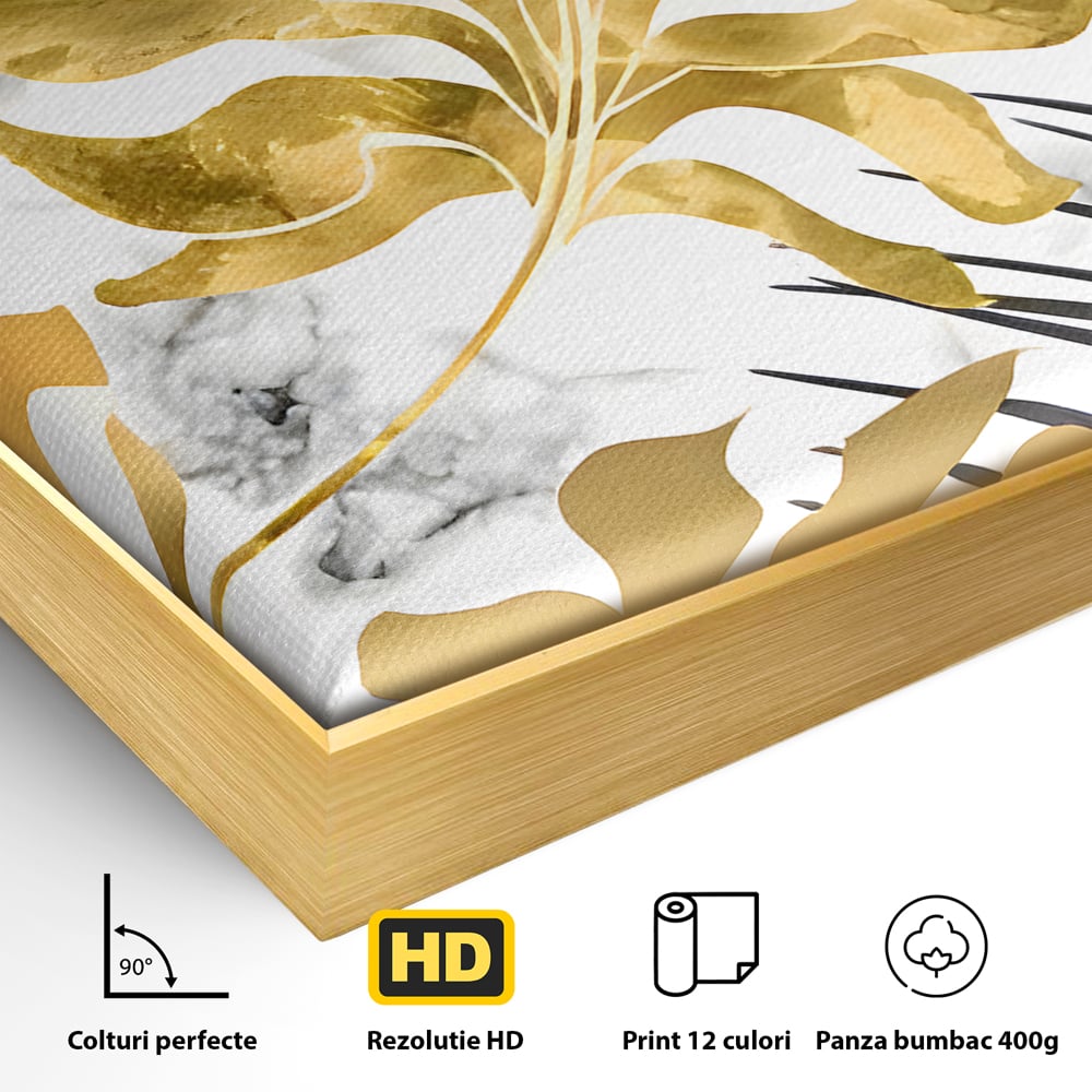 Tablou Canvas Premium LuxCanva® B1061, Golden Black Lief Plants , Decorativ, Living, Plante, Dormitor, Frunze, Liniste, Negru si Auriu